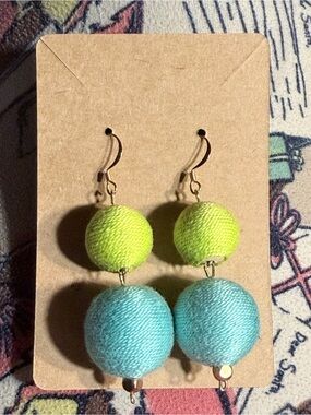 Handmade Lime and Aqua Thread Ball Drop Earrings beach vacation